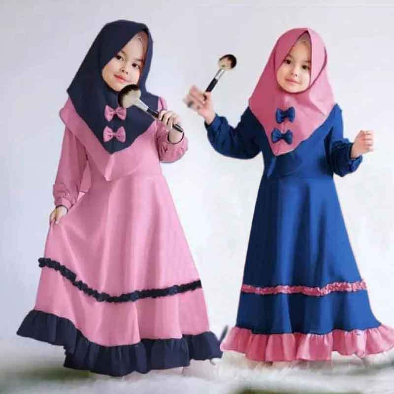 Hot Sale Islamic Children Prayer Clothing Bow Turban Two Piece Eid Robe Children Muslim Dress