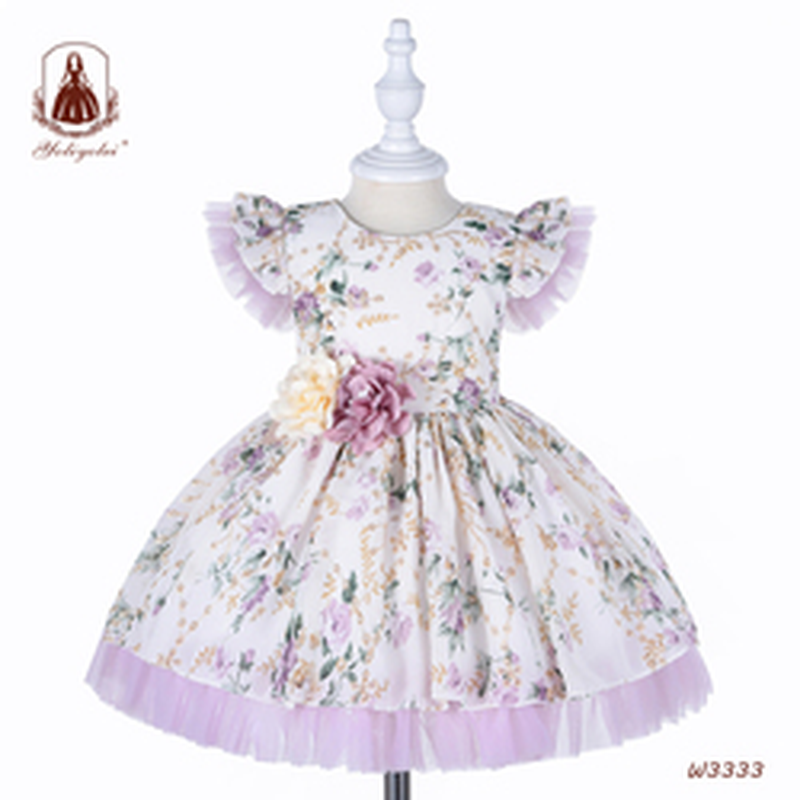 Wholesale 1St Birthday Party Dress Hollow Embroidery Floral Printed Kids Ball Gown Royal Lolita Spanish Newborn Baby Girl Dress