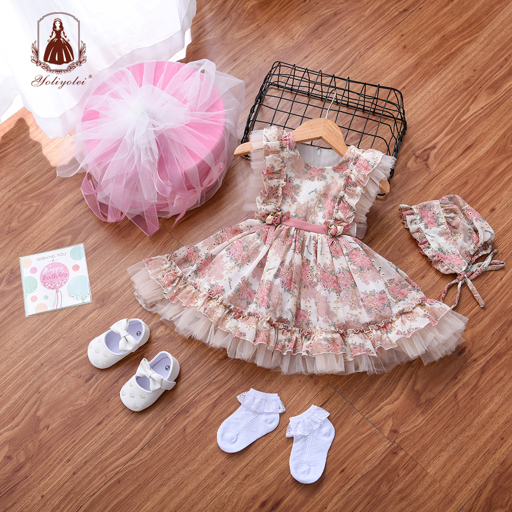 Wholesale 1St Birthday Party Dress Hollow Embroidery Floral Printed Kids Ball Gown Royal Lolita Spanish Newborn Baby Girl Dress