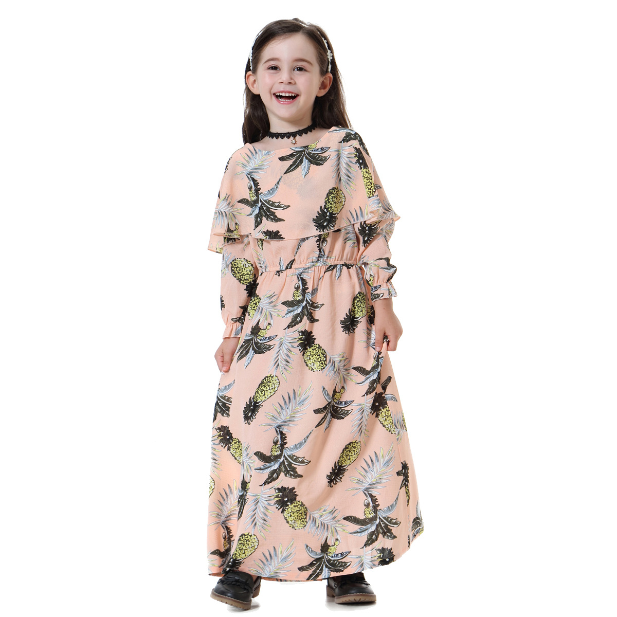 New Muslim Kids Girls Floral Dresses Long Sleeves Wedding Party Costumes Eid Muslim Kids Prayer Dresses