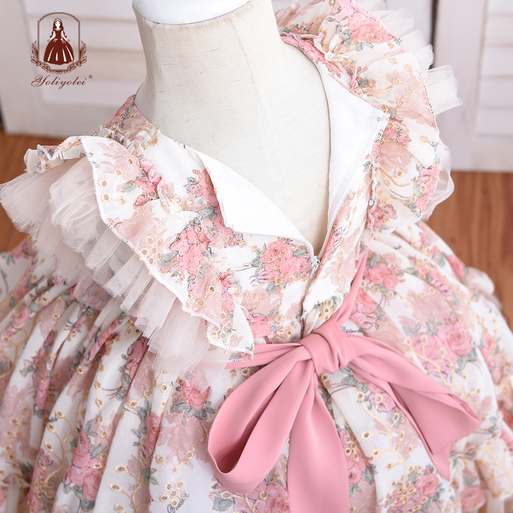 Wholesale 1St Birthday Party Dress Hollow Embroidery Floral Printed Kids Ball Gown Royal Lolita Spanish Newborn Baby Girl Dress