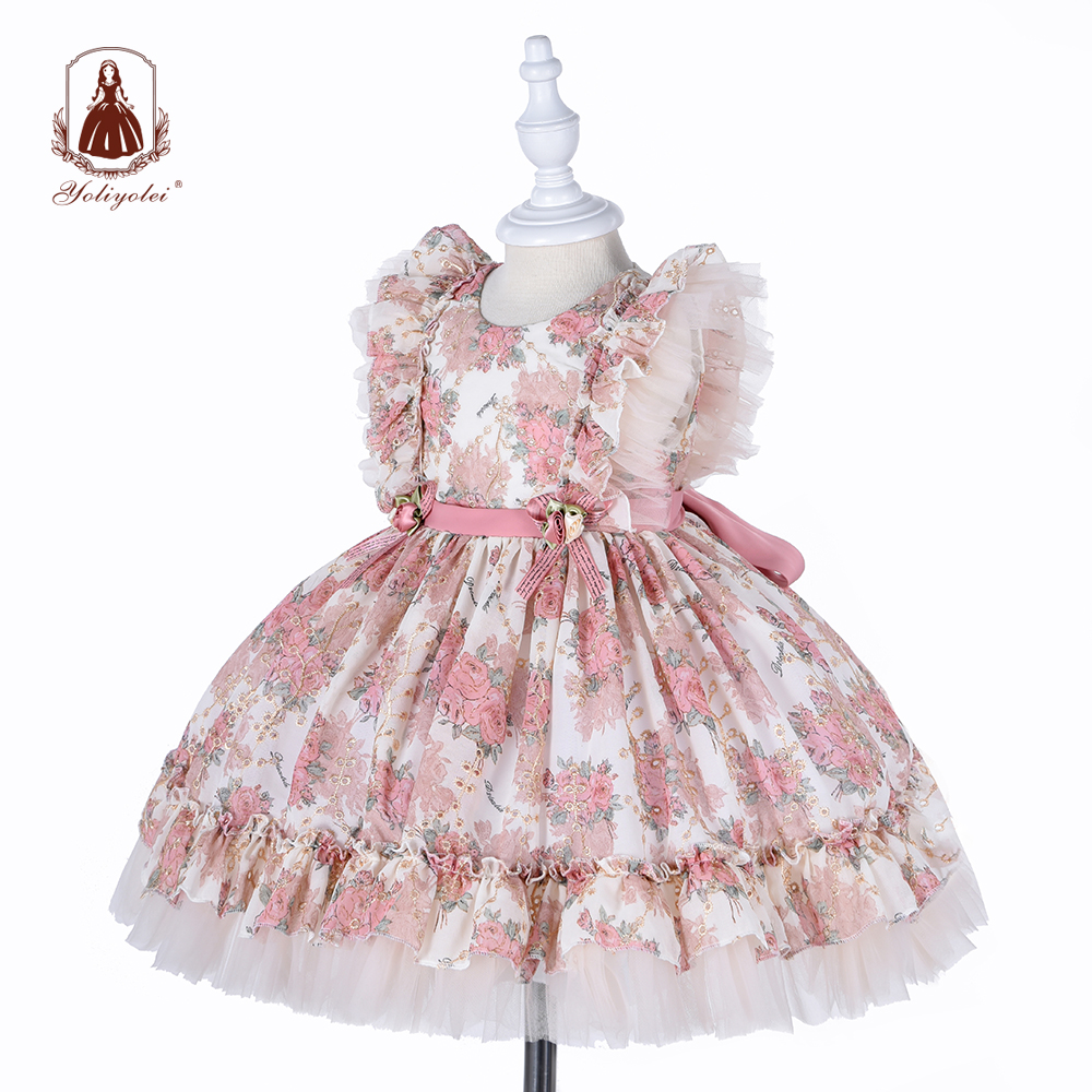 Hot Sale Lolita Spanish Vintage Princess Ball Gown with Headband ,Royal Flower Dress for Baby Girls Birthday Party Dress