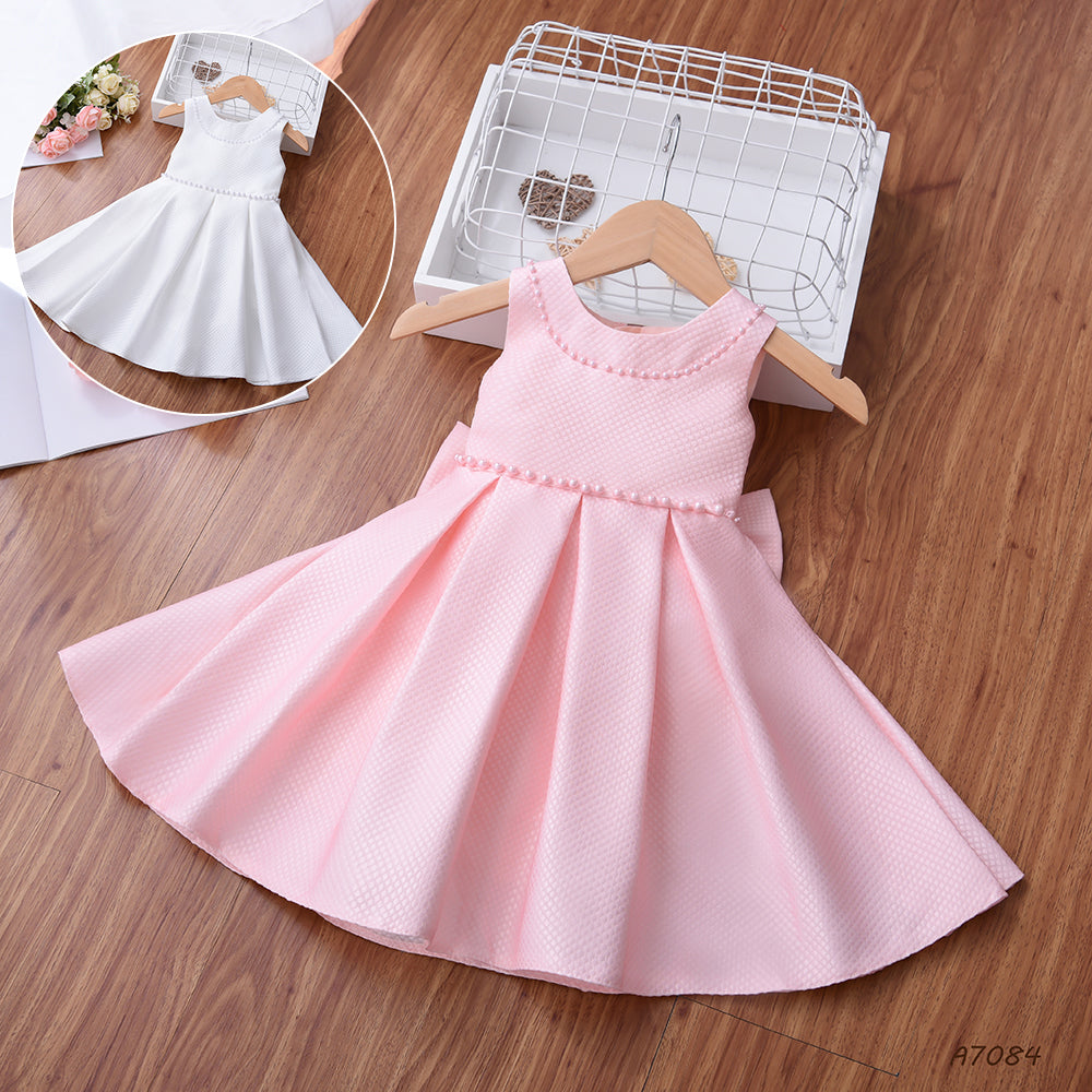 A7084 New Vintage Beautiful Children White Bow Sleeveless Host Wedding Party for Girl Dress