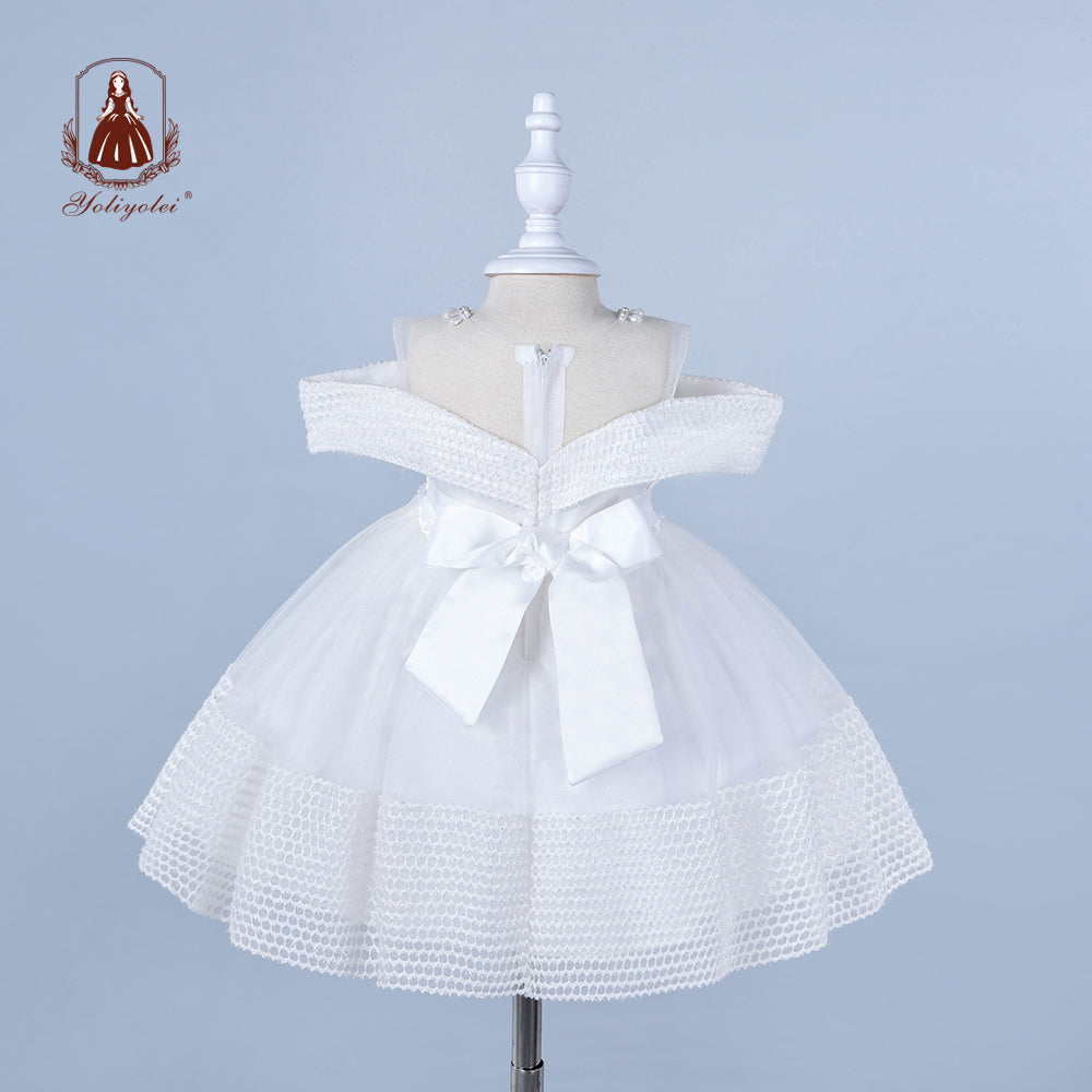 B0-1176 Baptism Headband Pure White 7Month Kid Summer Clothes Girl Off-Shoulder Gown 7 Month Baby Girl Dresses For 0-2 Years Babies