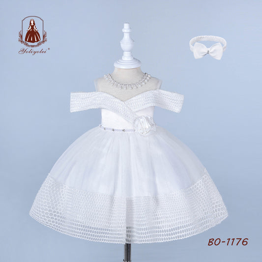 B0-1176 Baptism Headband Pure White 7Month Kid Summer Clothes Girl Off-Shoulder Gown 7 Month Baby Girl Dresses For 0-2 Years Babies