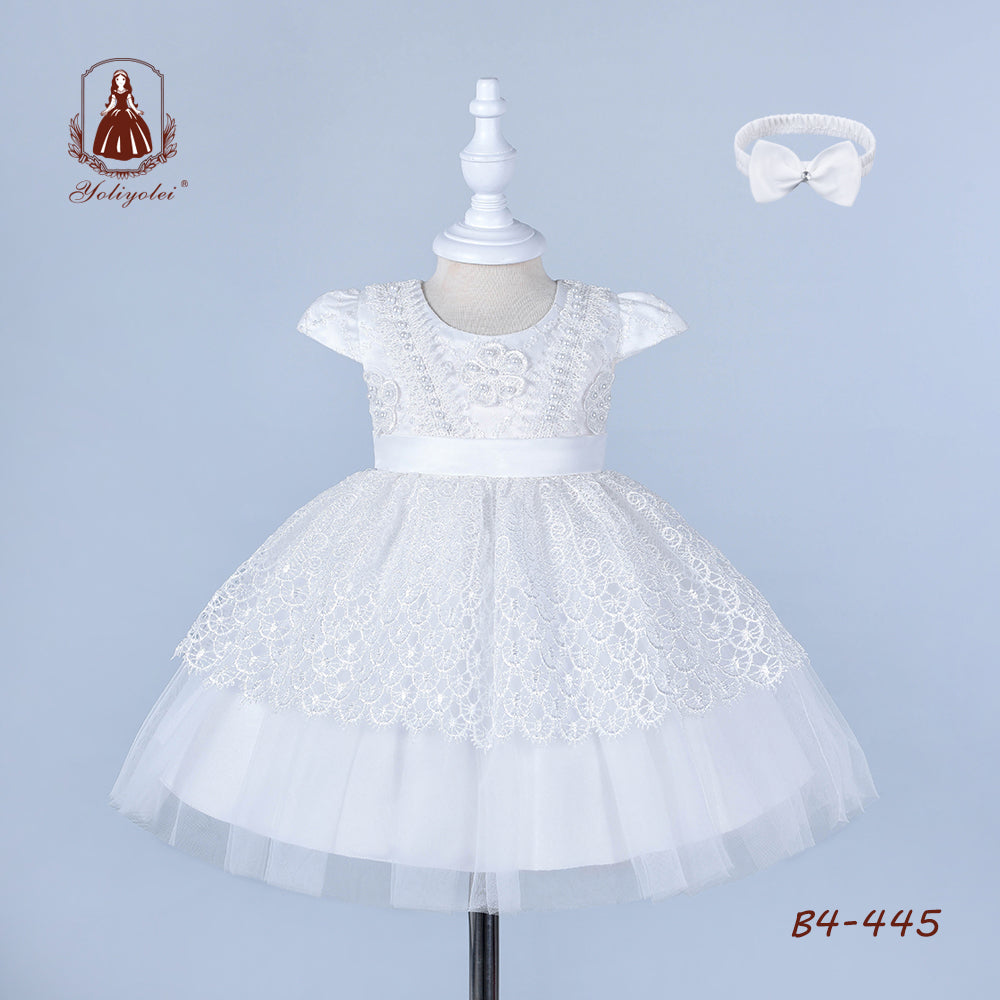 B4-445 Kids Clothing Party Wear Girls Party Dress Baptism Headband Pure White Children 6 Month Baby Girl Dresses For 0 1 2 Years Babies