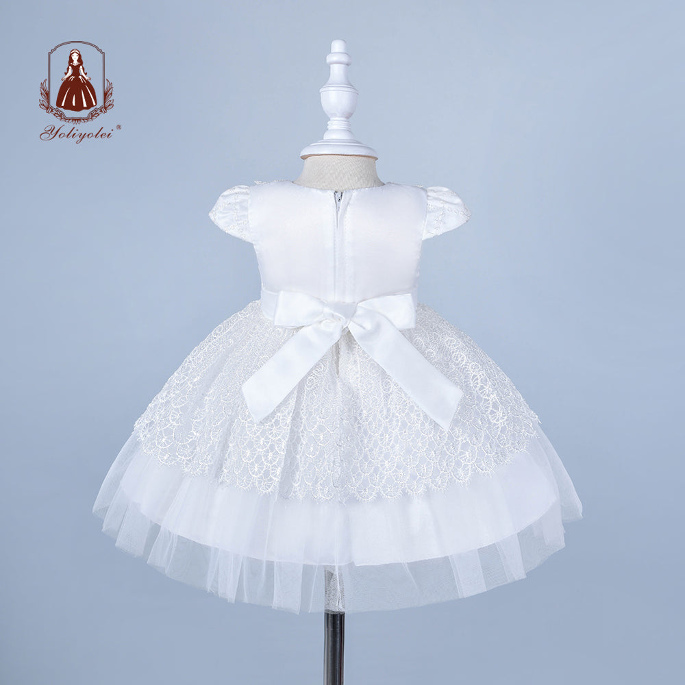 B4-445 Kids Clothing Party Wear Girls Party Dress Baptism Headband Pure White Children 6 Month Baby Girl Dresses For 0 1 2 Years Babies