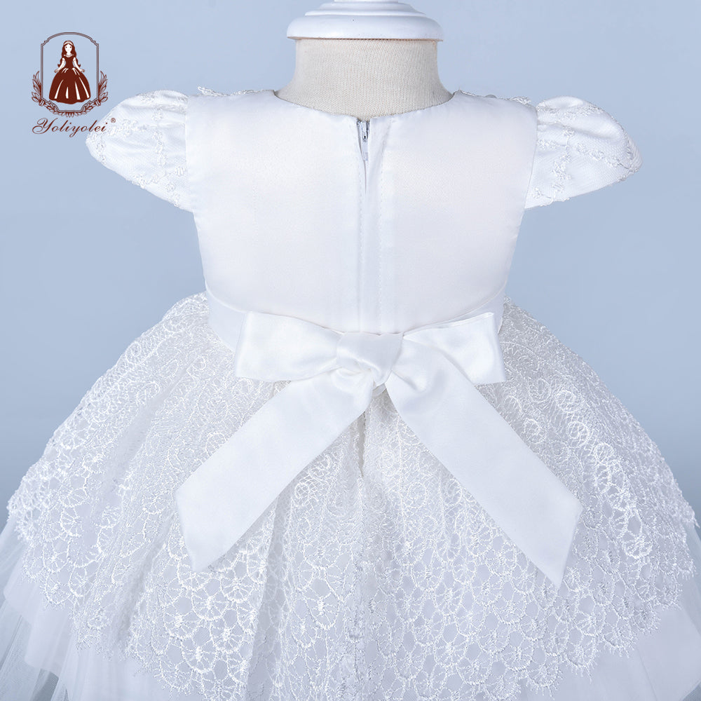 B4-445 Kids Clothing Party Wear Girls Party Dress Baptism Headband Pure White Children 6 Month Baby Girl Dresses For 0 1 2 Years Babies