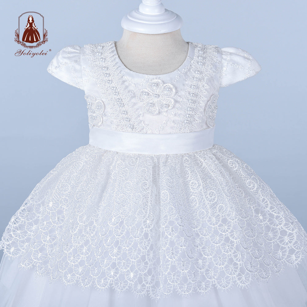 B4-445 Kids Clothing Party Wear Girls Party Dress Baptism Headband Pure White Children 6 Month Baby Girl Dresses For 0 1 2 Years Babies