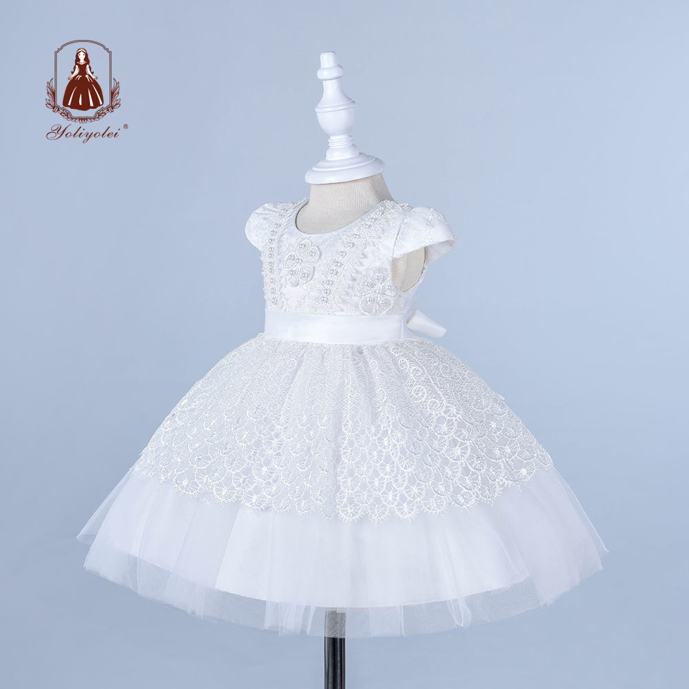 B4-445 Kids Clothing Party Wear Girls Party Dress Baptism Headband Pure White Children 6 Month Baby Girl Dresses For 0 1 2 Years Babies