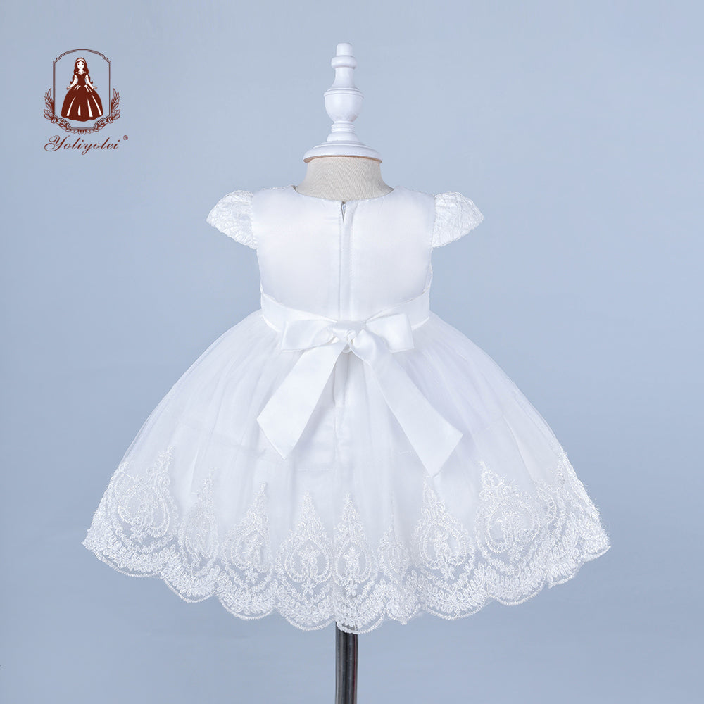 B4-573 Child Baptism Pure White Headband Pearls Lace Ball Gown Birthday Dress Girls Baby Party Wear Dresses For Kid 0-24 Months Babies