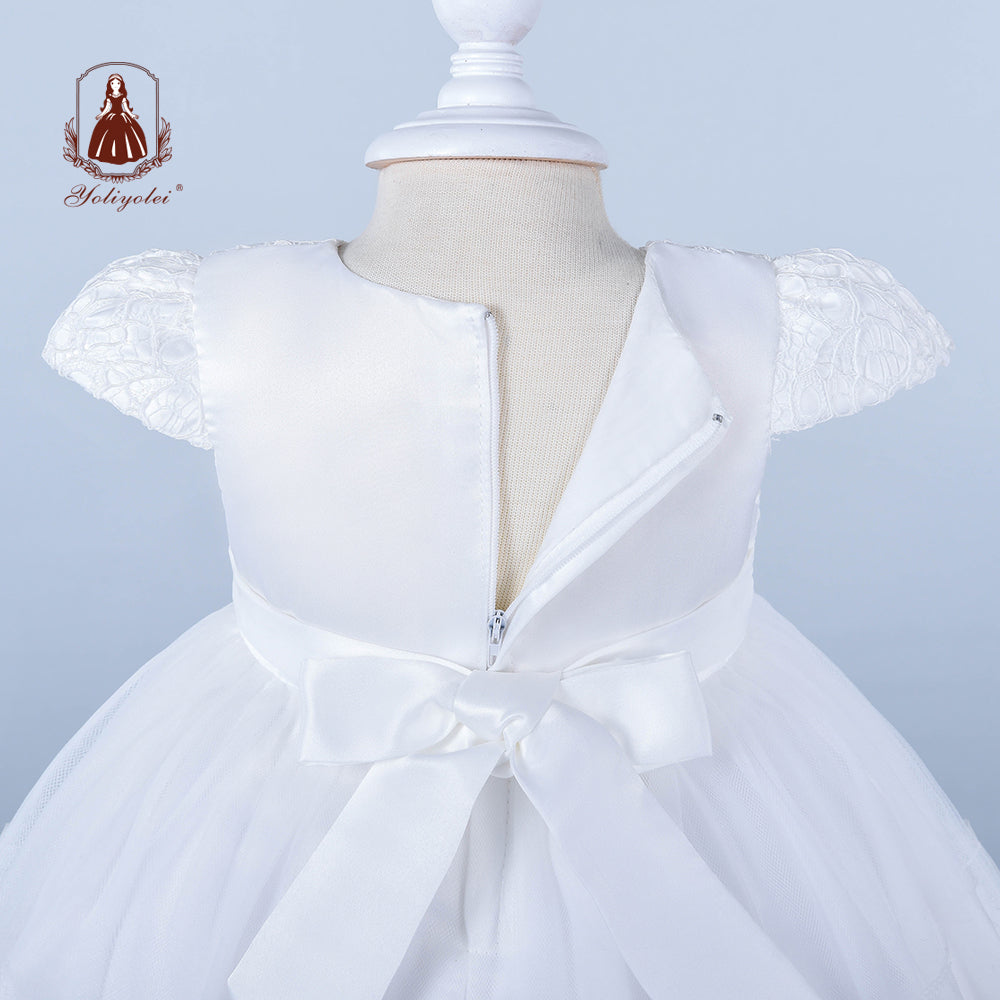 B4-573 Child Baptism Pure White Headband Pearls Lace Ball Gown Birthday Dress Girls Baby Party Wear Dresses For Kid 0-24 Months Babies