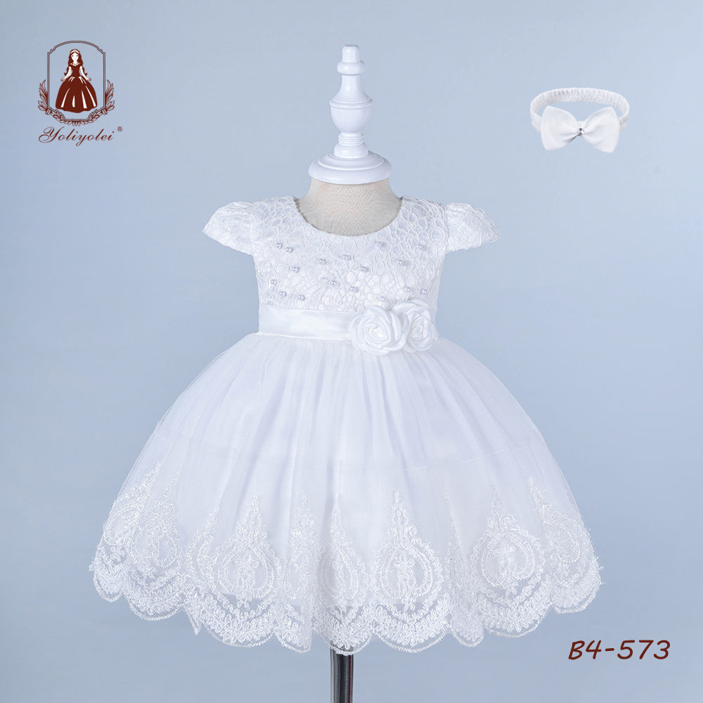 B4-573 Child Baptism Pure White Headband Pearls Lace Ball Gown Birthday Dress Girls Baby Party Wear Dresses For Kid 0-24 Months Babies