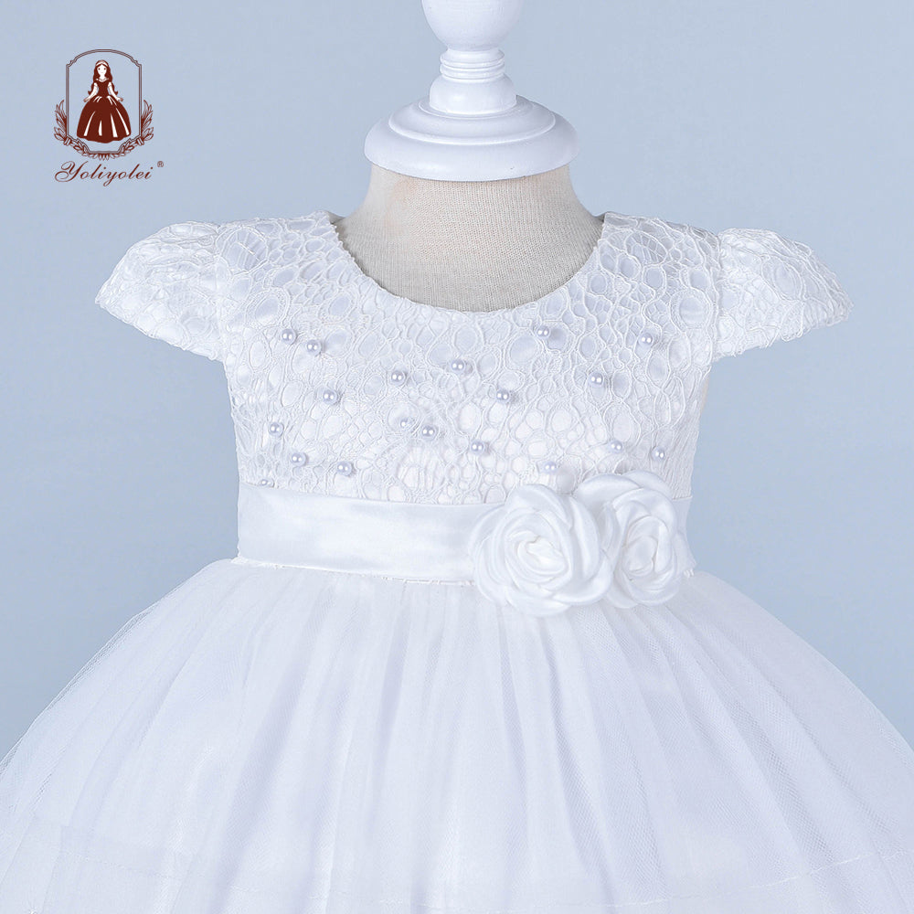 B4-573 Child Baptism Pure White Headband Pearls Lace Ball Gown Birthday Dress Girls Baby Party Wear Dresses For Kid 0-24 Months Babies