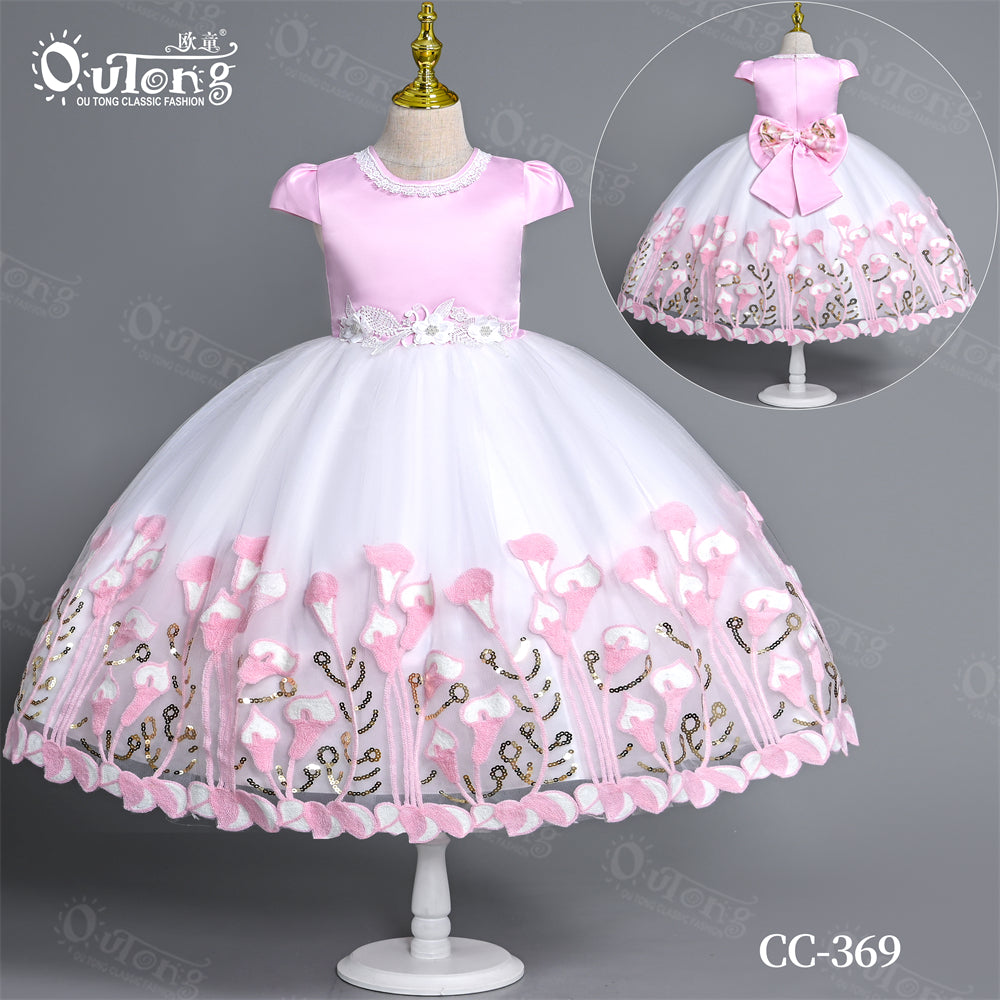 CC-369 Girls' Short Sleeve Floral Embroidery Design Dress Ball Gown Baby Girls Dress Summer Girls Party Dress Princess Costumes