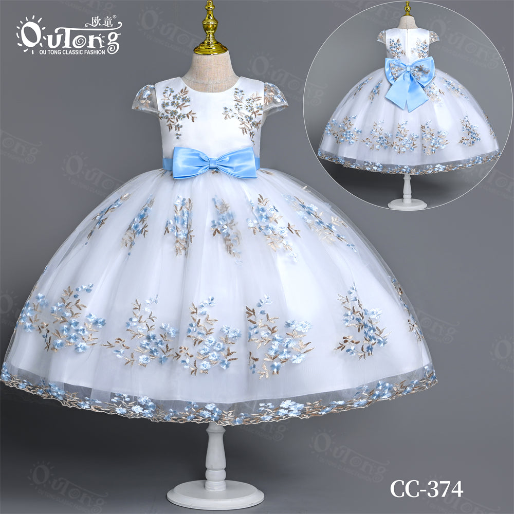 CC-374 Outong Yoliyolei Tile Short Sleeve Girl Kids Embroidered Dress Flower Blue Dress for Evening Costure