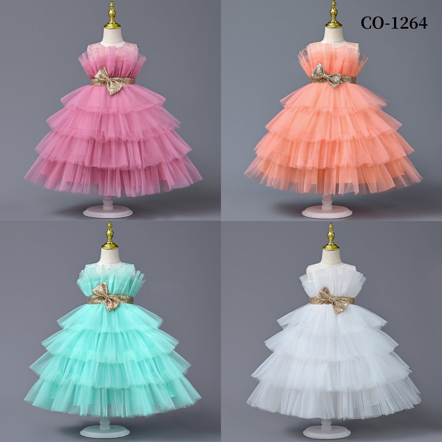 co-1264 4 to 9 Years Old Yoliyolei Cake Layers Summer Children's Clothing Girls Tulle Puffy Dress For Girls Gold Waistband Bow Birthday Party Ball Gown