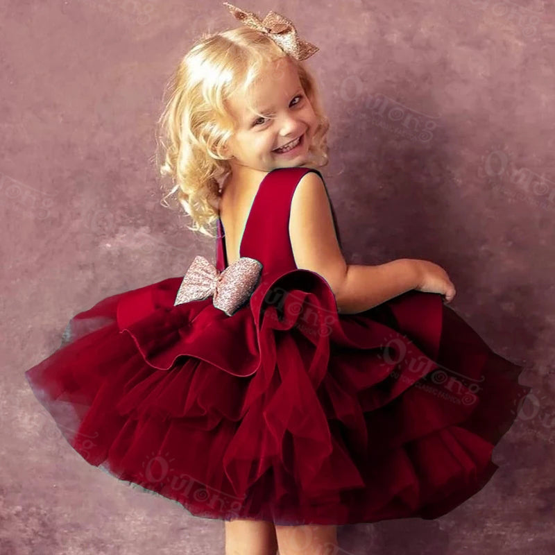 Dk168 Wholesale Clothing Fashion V-Back Summer Sleeveless Satin Layered Tulle Formal Kids Girls Party Dress With Big Bow