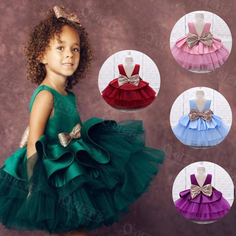 Dk168 Wholesale Clothing Fashion V-Back Summer Sleeveless Satin Layered Tulle Formal Kids Girls Party Dress With Big Bow