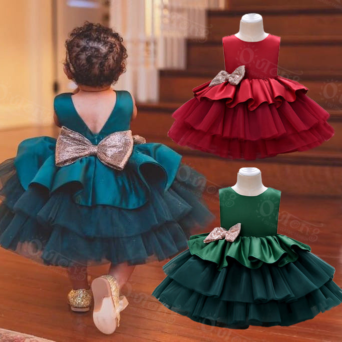 Dk168 Wholesale Clothing Fashion V-Back Summer Sleeveless Satin Layered Tulle Formal Kids Girls Party Dress With Big Bow