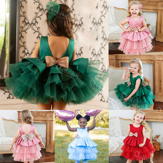 Dk168 Wholesale Clothing Fashion V-Back Summer Sleeveless Satin Layered Tulle Formal Kids Girls Party Dress With Big Bow