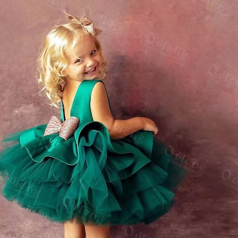 Dk168 Wholesale Clothing Fashion V-Back Summer Sleeveless Satin Layered Tulle Formal Kids Girls Party Dress With Big Bow