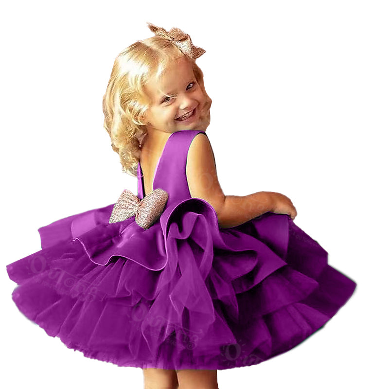 Dk168 Wholesale Clothing Fashion V-Back Summer Sleeveless Satin Layered Tulle Formal Kids Girls Party Dress With Big Bow