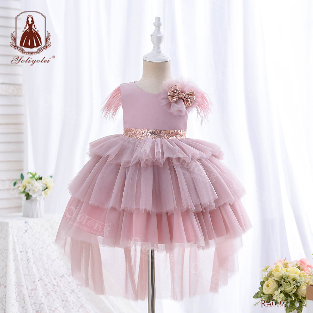 RA019 1 to 5 Years Outong New Girls Dress Sequins Layered Tulle V-Back Design With Headband Tutu Skirt Wedding Flower Girl Dress