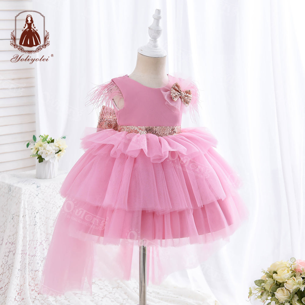 RA019 1 to 5 Years Outong New Girls Dress Sequins Layered Tulle V-Back Design With Headband Tutu Skirt Wedding Flower Girl Dress