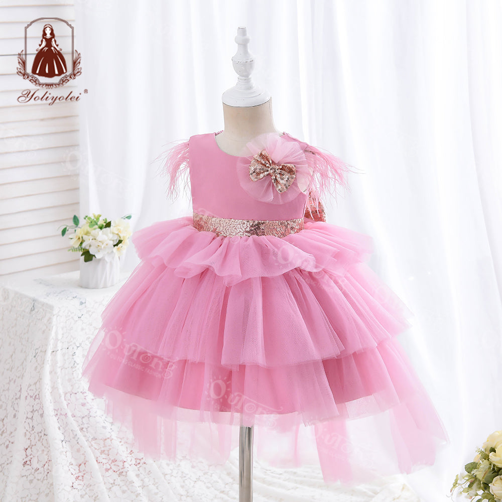 RA019 1 to 5 Years Outong New Girls Dress Sequins Layered Tulle V-Back Design With Headband Tutu Skirt Wedding Flower Girl Dress