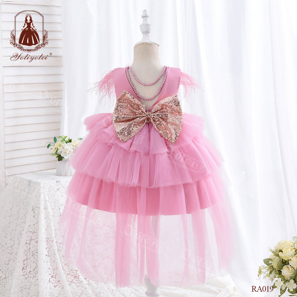 RA019 1 to 5 Years Outong New Girls Dress Sequins Layered Tulle V-Back Design With Headband Tutu Skirt Wedding Flower Girl Dress