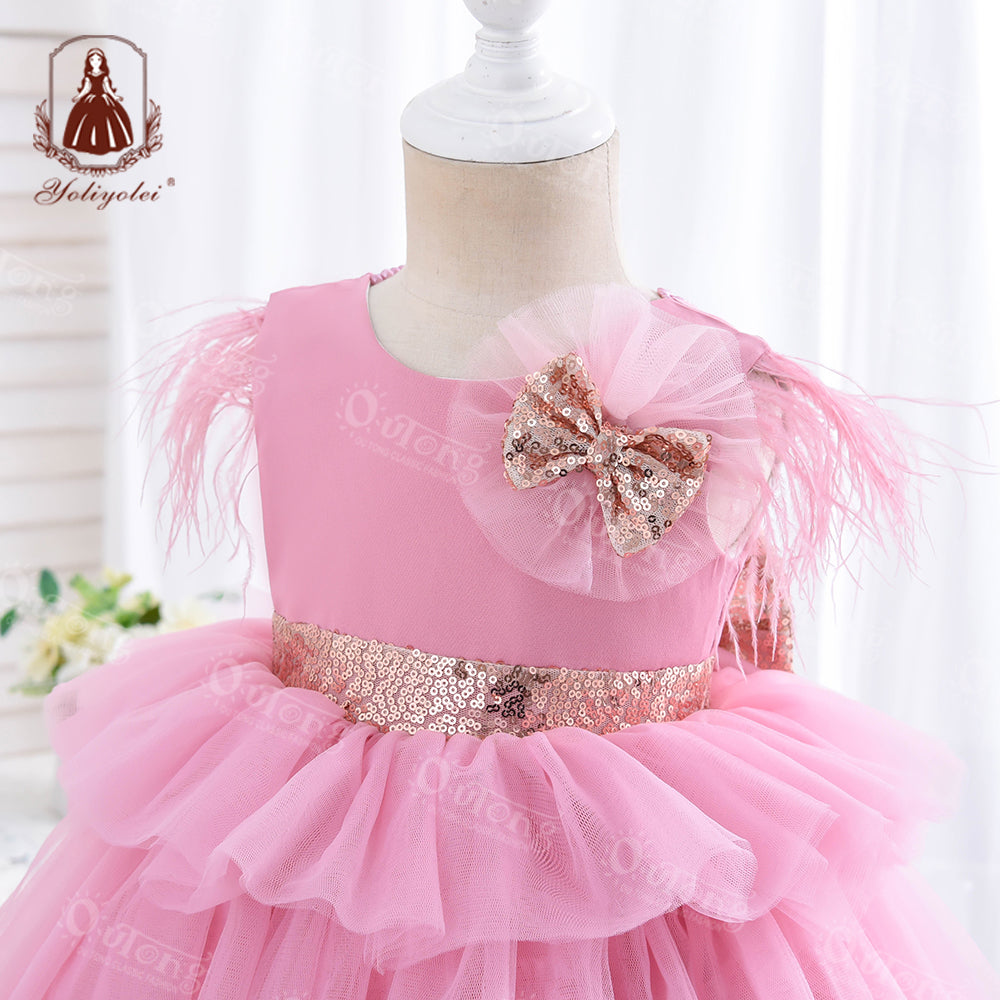 RA019 1 to 5 Years Outong New Girls Dress Sequins Layered Tulle V-Back Design With Headband Tutu Skirt Wedding Flower Girl Dress