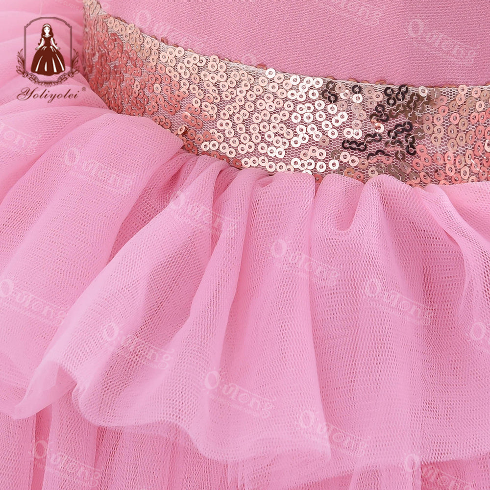 RA019 1 to 5 Years Outong New Girls Dress Sequins Layered Tulle V-Back Design With Headband Tutu Skirt Wedding Flower Girl Dress