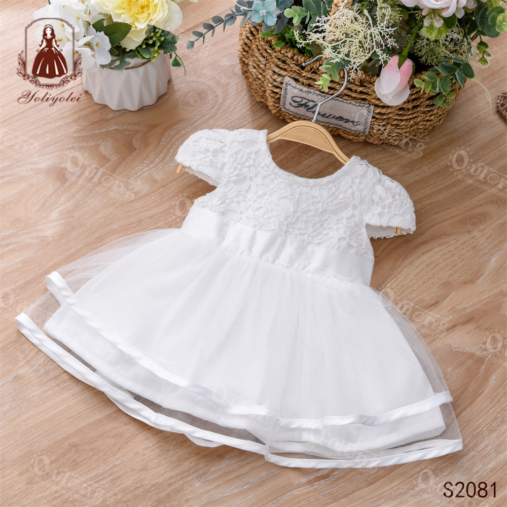 S2081 Fancy Dress White Wedding Infant Baptism Dress Kids First Birthday Girl Party Gowns Christening Dress For Girl