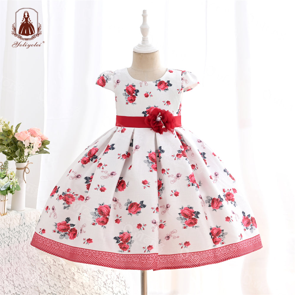 B19-1523D Wholesale Girls Summer Flower Dress Print Design Floral Dress Beach Princess Girl Dress for 5-9 Years Old