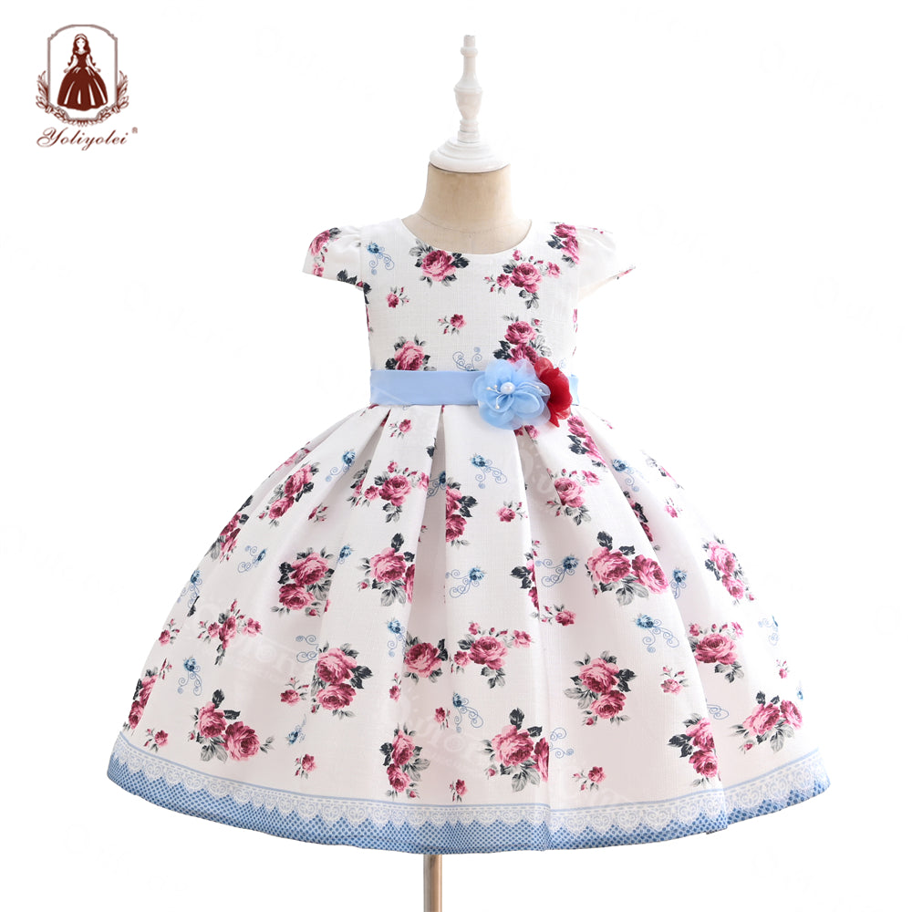 B19-1523D Wholesale Girls Summer Flower Dress Print Design Floral Dress Beach Princess Girl Dress for 5-9 Years Old