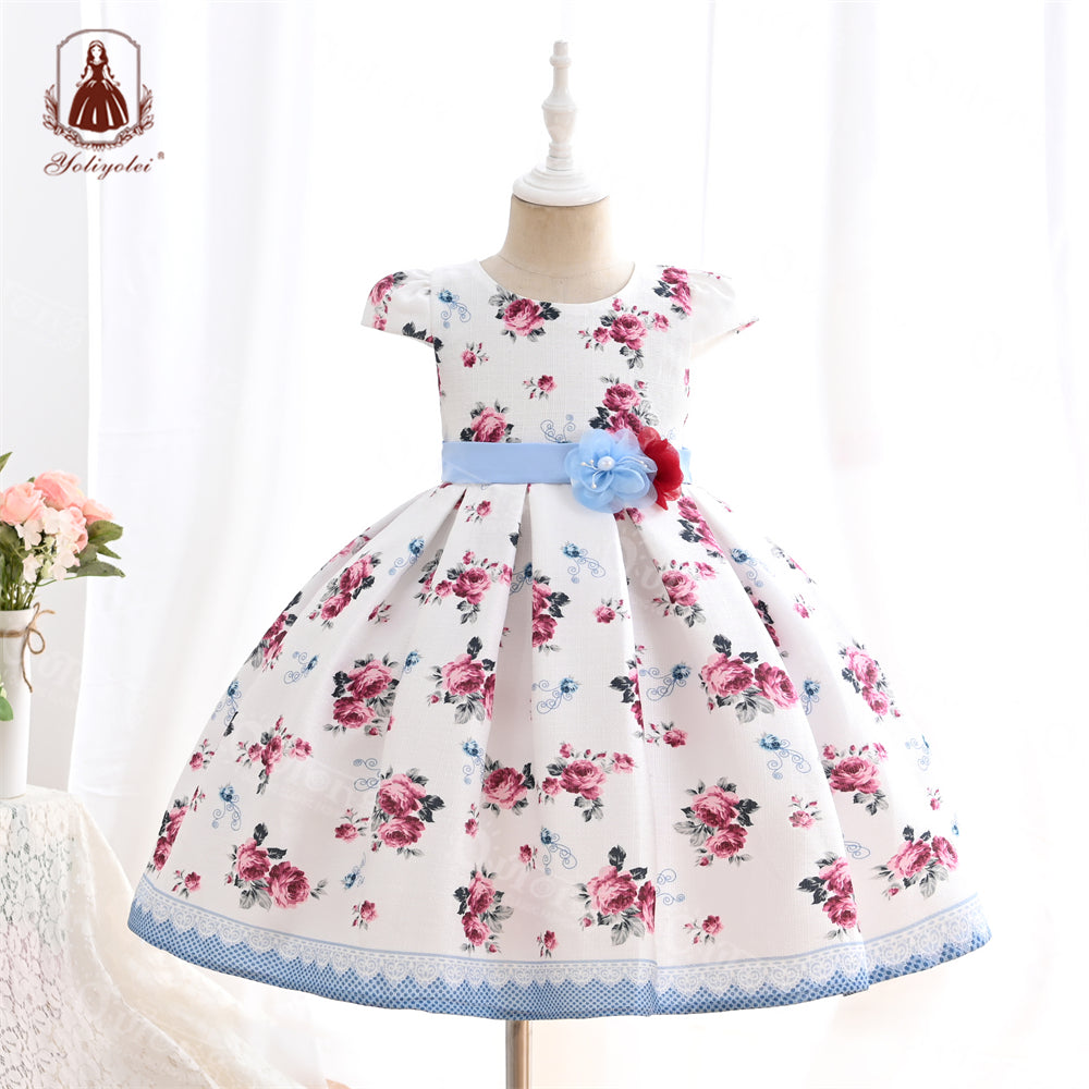 B19-1523D Wholesale Girls Summer Flower Dress Print Design Floral Dress Beach Princess Girl Dress for 5-9 Years Old