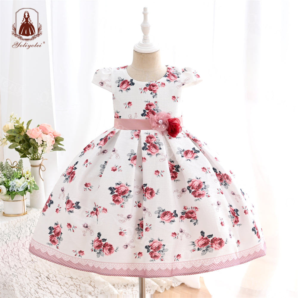 B19-1523D Wholesale Girls Summer Flower Dress Print Design Floral Dress Beach Princess Girl Dress for 5-9 Years Old