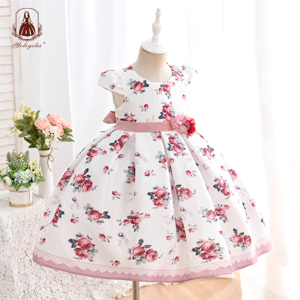 B19-1523D Wholesale Girls Summer Flower Dress Print Design Floral Dress Beach Princess Girl Dress for 5-9 Years Old