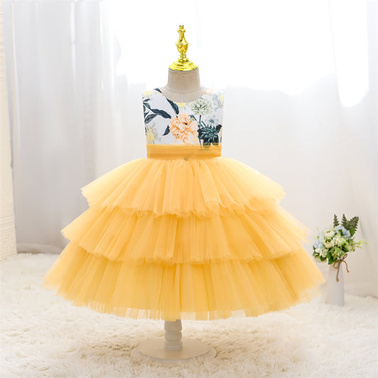 WA0254 4 to 9 Years Old Flower Printed Girl Dress for Daily Wearing  Spring Tutu Dress with Lovely Flower