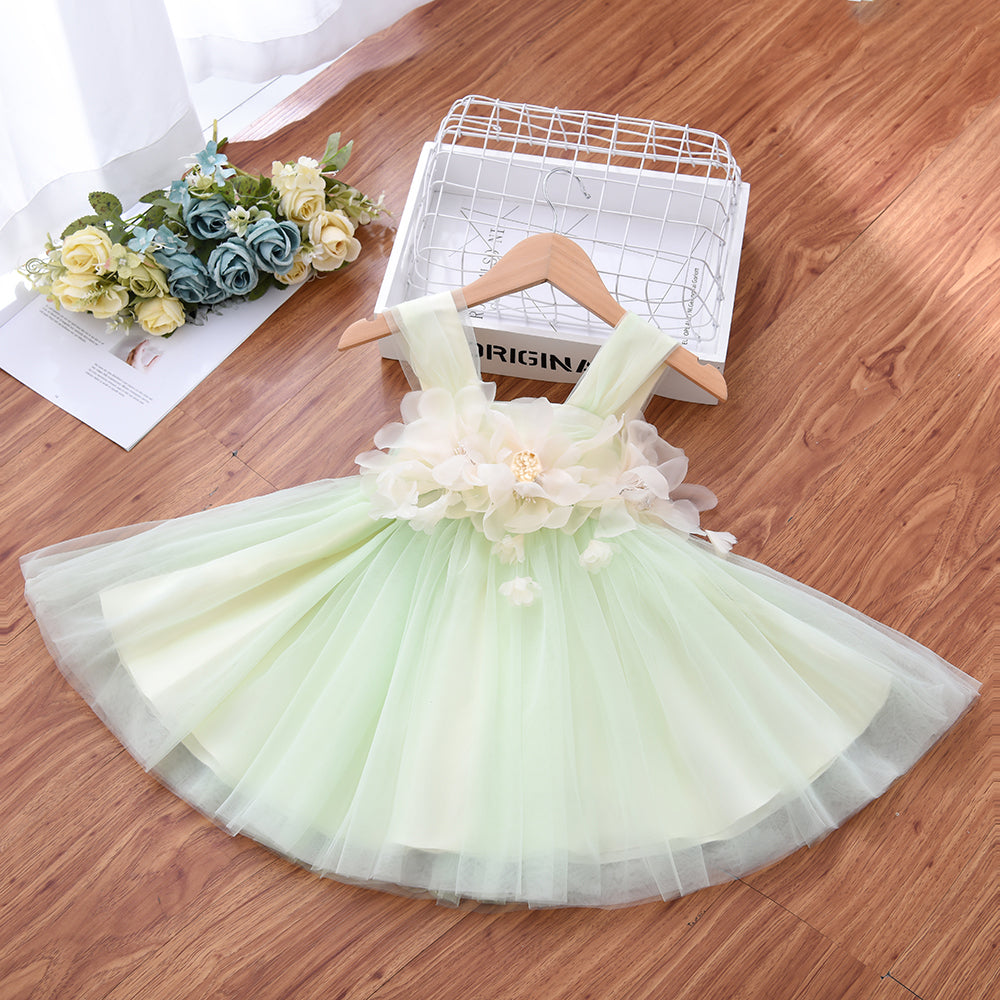 Wb001 New Summer Fashion Sweet Girls Sleeveless Tulle Sling Princess Dress Flower Design Elegant Party Girl Dress