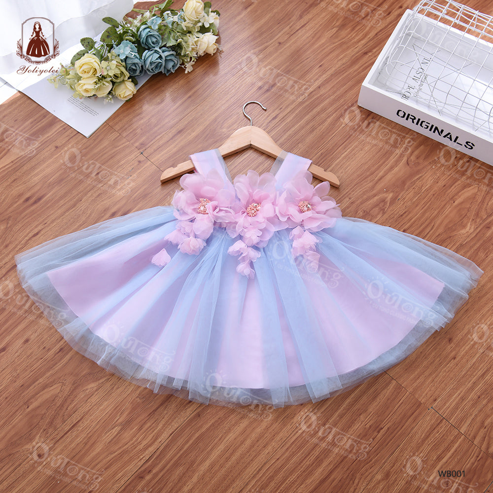 Wb001 New Summer Fashion Sweet Girls Sleeveless Tulle Sling Princess Dress Flower Design Elegant Party Girl Dress