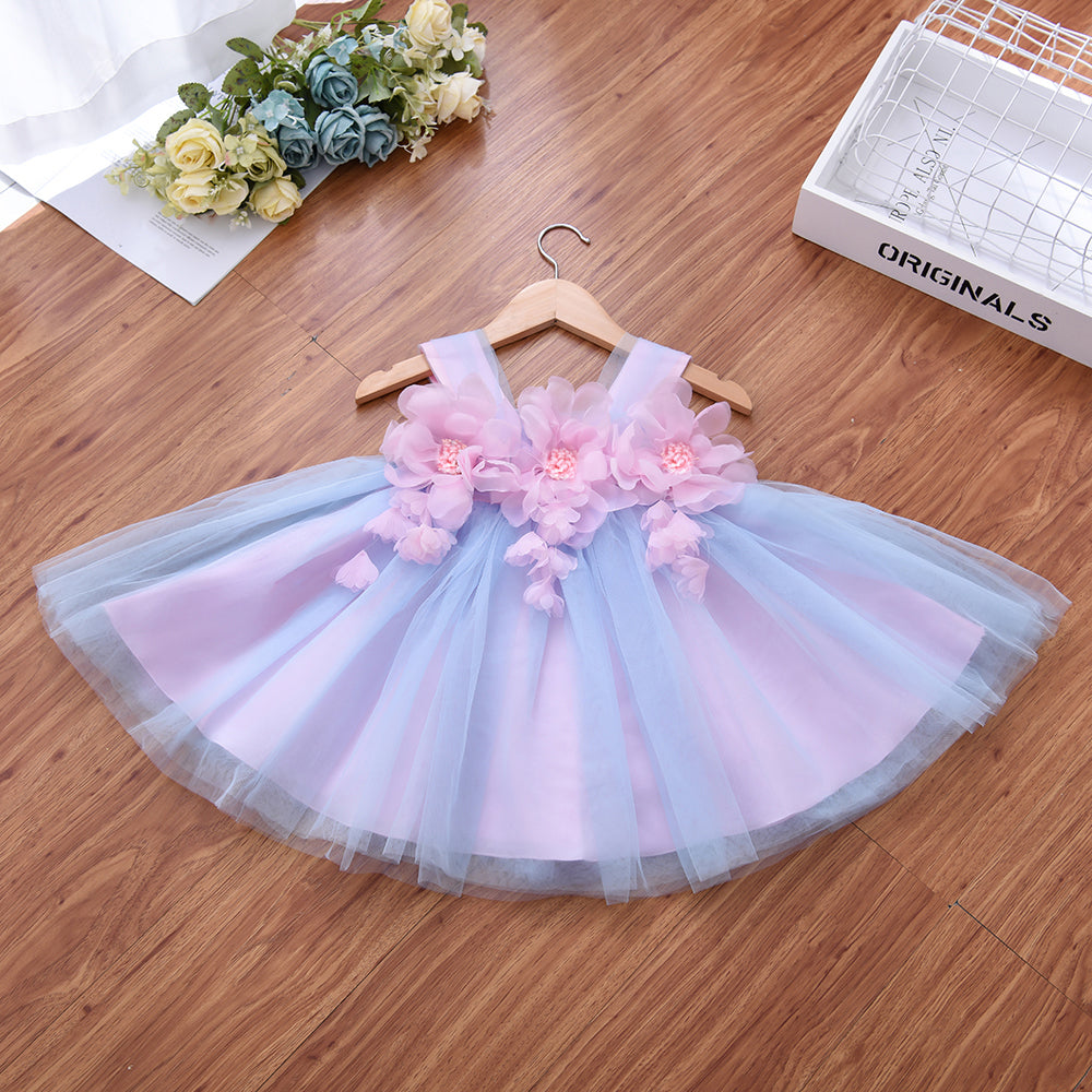 Wb001 New Summer Fashion Sweet Girls Sleeveless Tulle Sling Princess Dress Flower Design Elegant Party Girl Dress