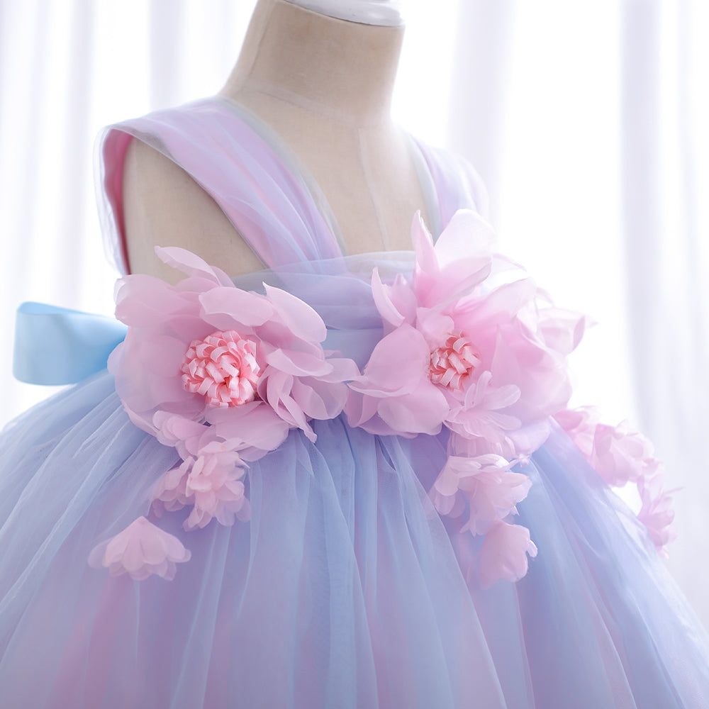 Wb001 New Summer Fashion Sweet Girls Sleeveless Tulle Sling Princess Dress Flower Design Elegant Party Girl Dress