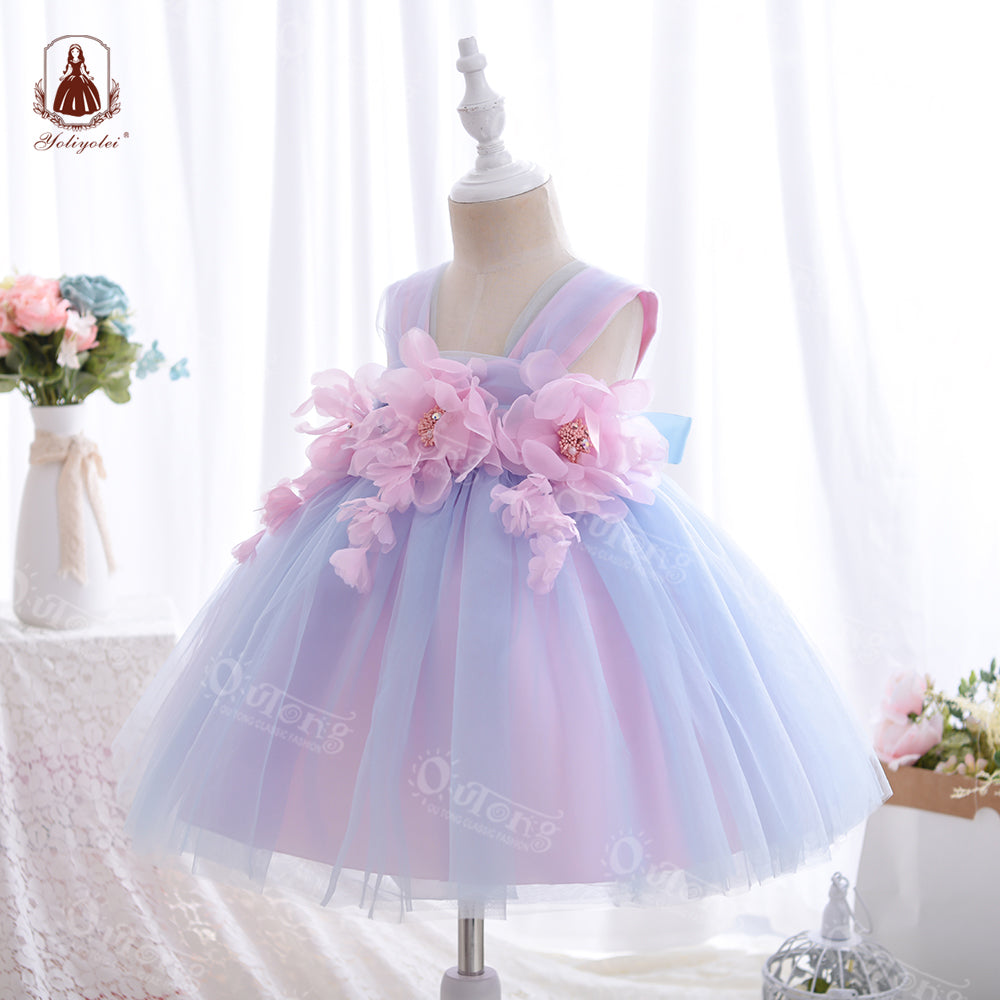 Wb001 New Summer Fashion Sweet Girls Sleeveless Tulle Sling Princess Dress Flower Design Elegant Party Girl Dress