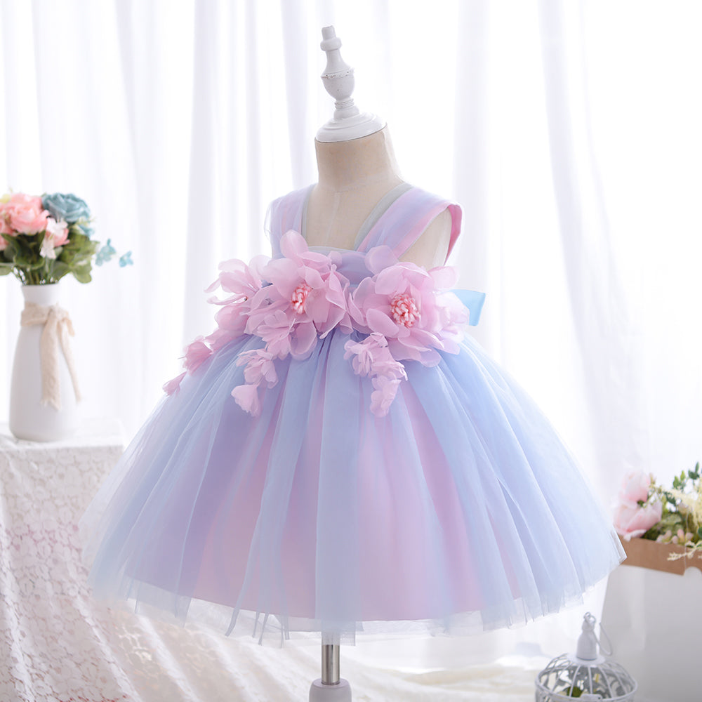 Wb001 New Summer Fashion Sweet Girls Sleeveless Tulle Sling Princess Dress Flower Design Elegant Party Girl Dress