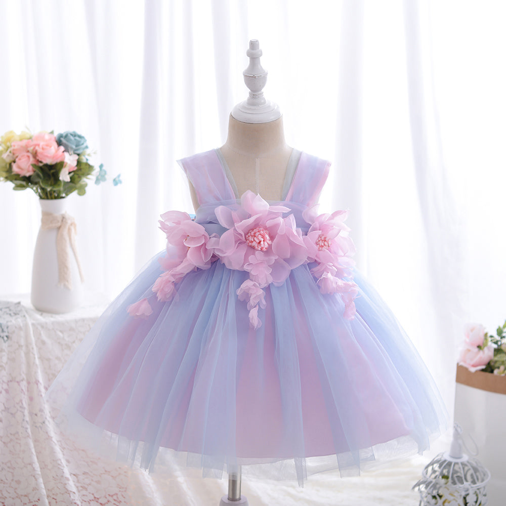 Wb001 New Summer Fashion Sweet Girls Sleeveless Tulle Sling Princess Dress Flower Design Elegant Party Girl Dress