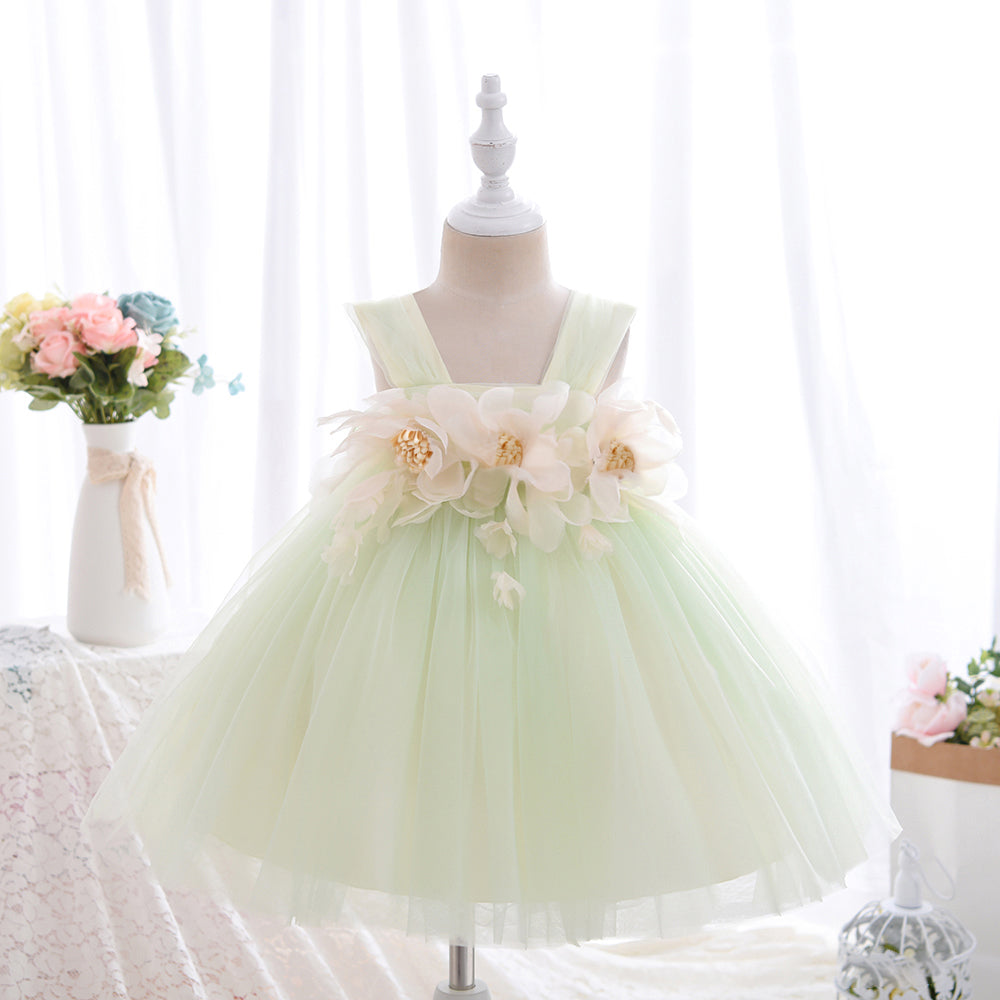 Wb001 New Summer Fashion Sweet Girls Sleeveless Tulle Sling Princess Dress Flower Design Elegant Party Girl Dress