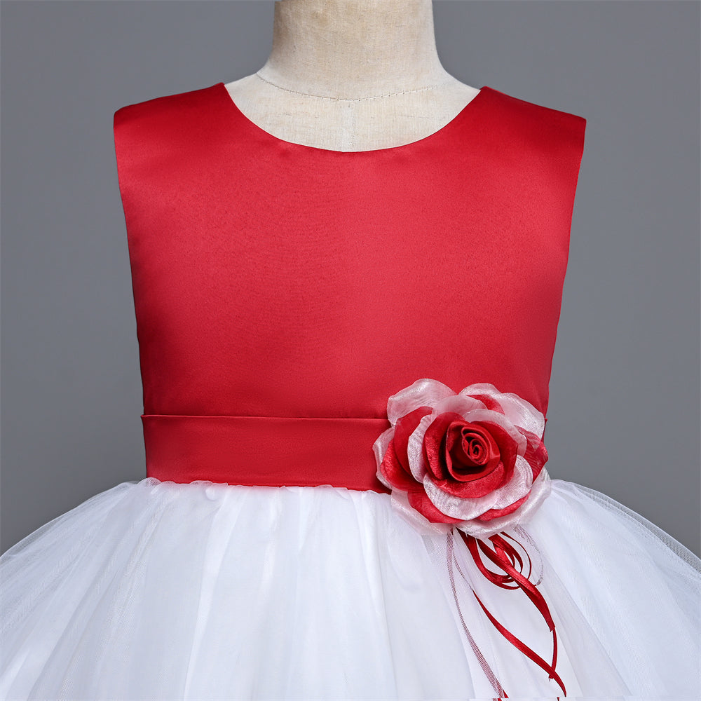 B19-2018SH 4-7 Years Pageant Christmas dress for girls Waist Bottom Hem 3D Flower Red & White Color party dress for kids girl