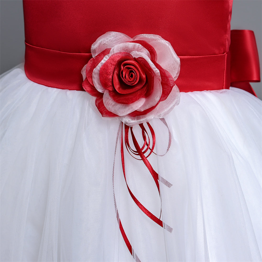 B19-2018SH 4-7 Years Pageant Christmas dress for girls Waist Bottom Hem 3D Flower Red & White Color party dress for kids girl